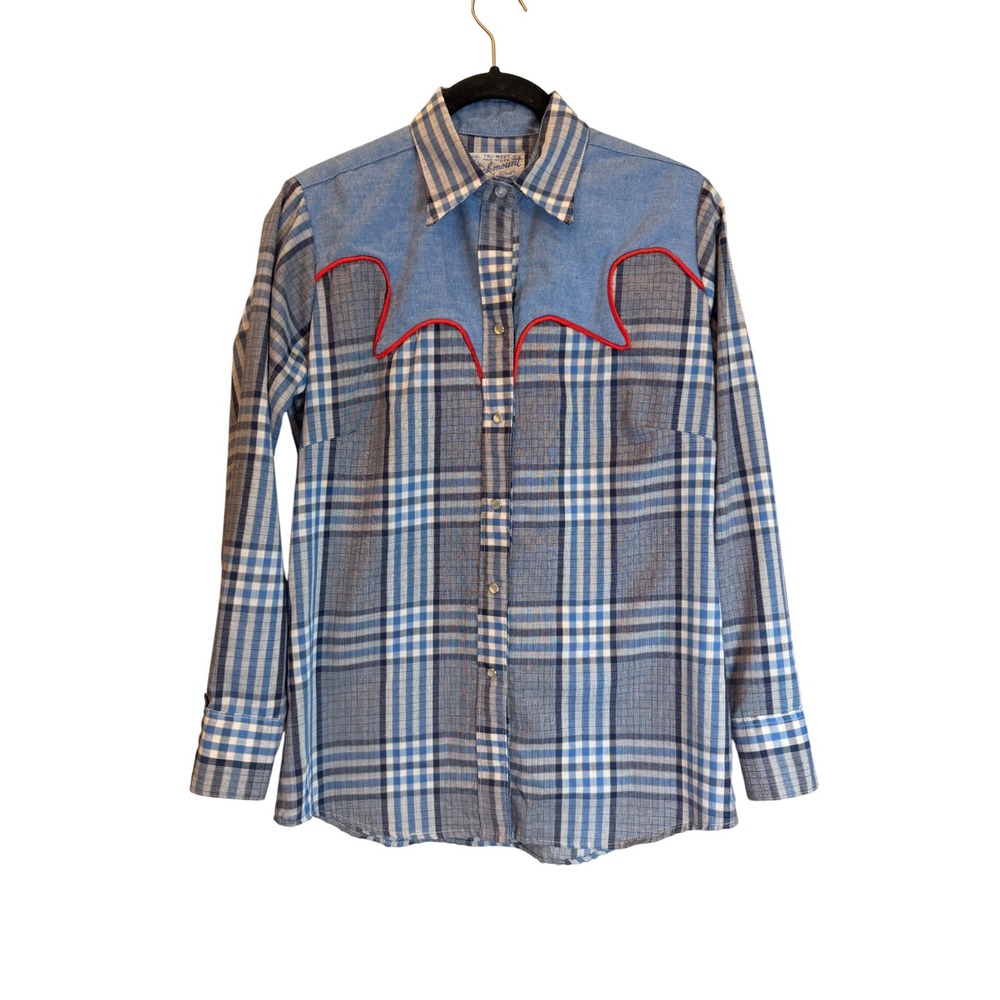 Rockmount Ranch Wear Tru-West Vintage Plaid Western Snap Shirt Blue Red Piping